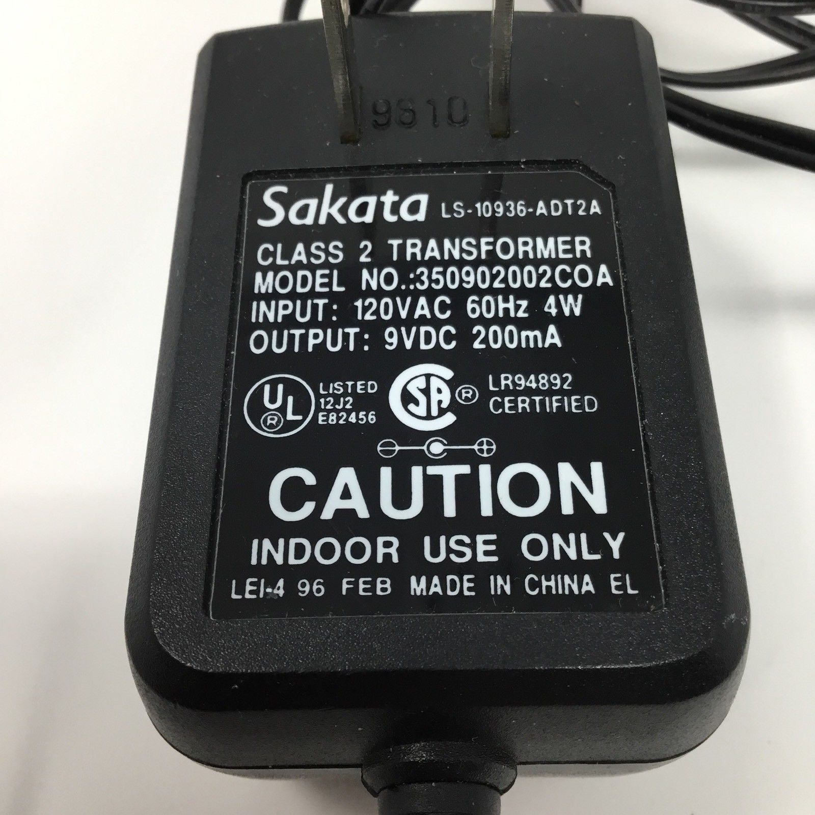 New 9V 200mA Sakata Ls-10936-adt2a 350902002COA Class 2 Transformer Power Supply Ac Adapter - Click Image to Close